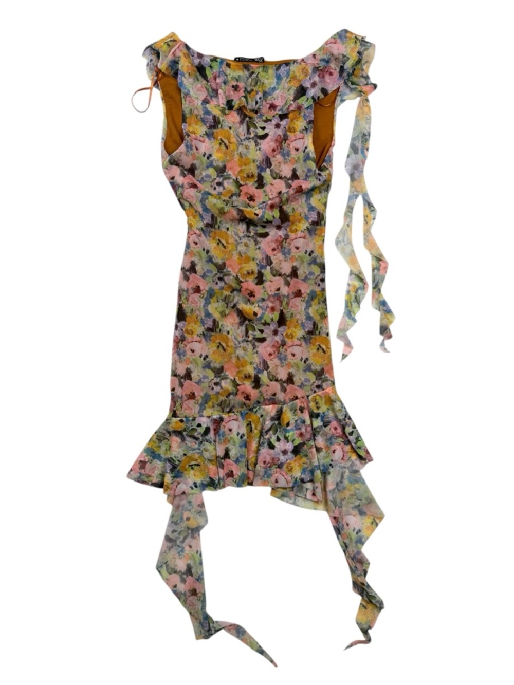 ZARA Floral Ruched Mini Dress NWT Ruffle Strap Tie Romantic Sheer Overlay Small - Picture 3 of 6
